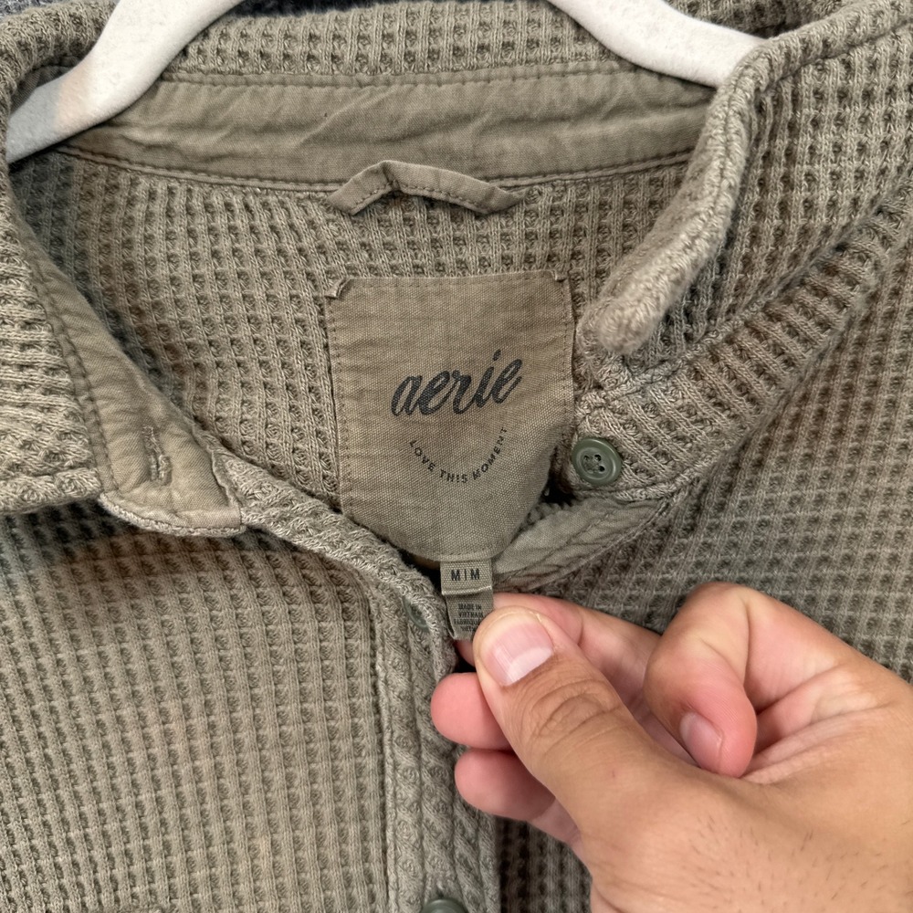 Aerie Shirt Women Medium Green Waffle Knit Oversized Shacket Button Down - Picture 3 of 7